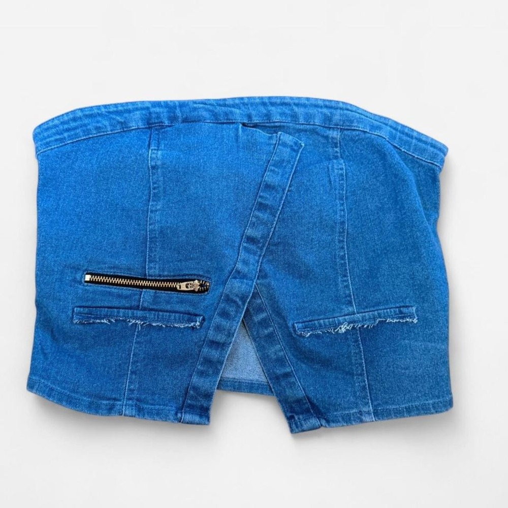 La‎ Armario Denim Tube Top Blue Asymmetrical Wrap Strapless Crop Y2K Medium